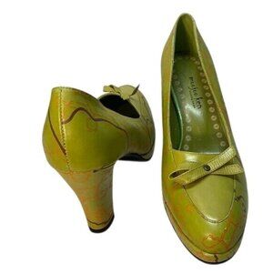 Friendship Hights Moojoo Ken Green Leather Heels 6.5  Orange Abstract Pattern Bo